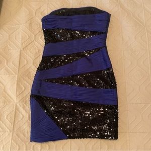 Strapless cocktail  - royal blue with black sequin inserts.  25 waist. 33 hip